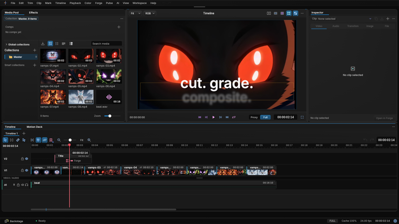 An animated title over footage in the Edit viewer